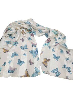 Scarf Oblong  White Sheer Chiffon Butterfly Floral Allover 11"x60"